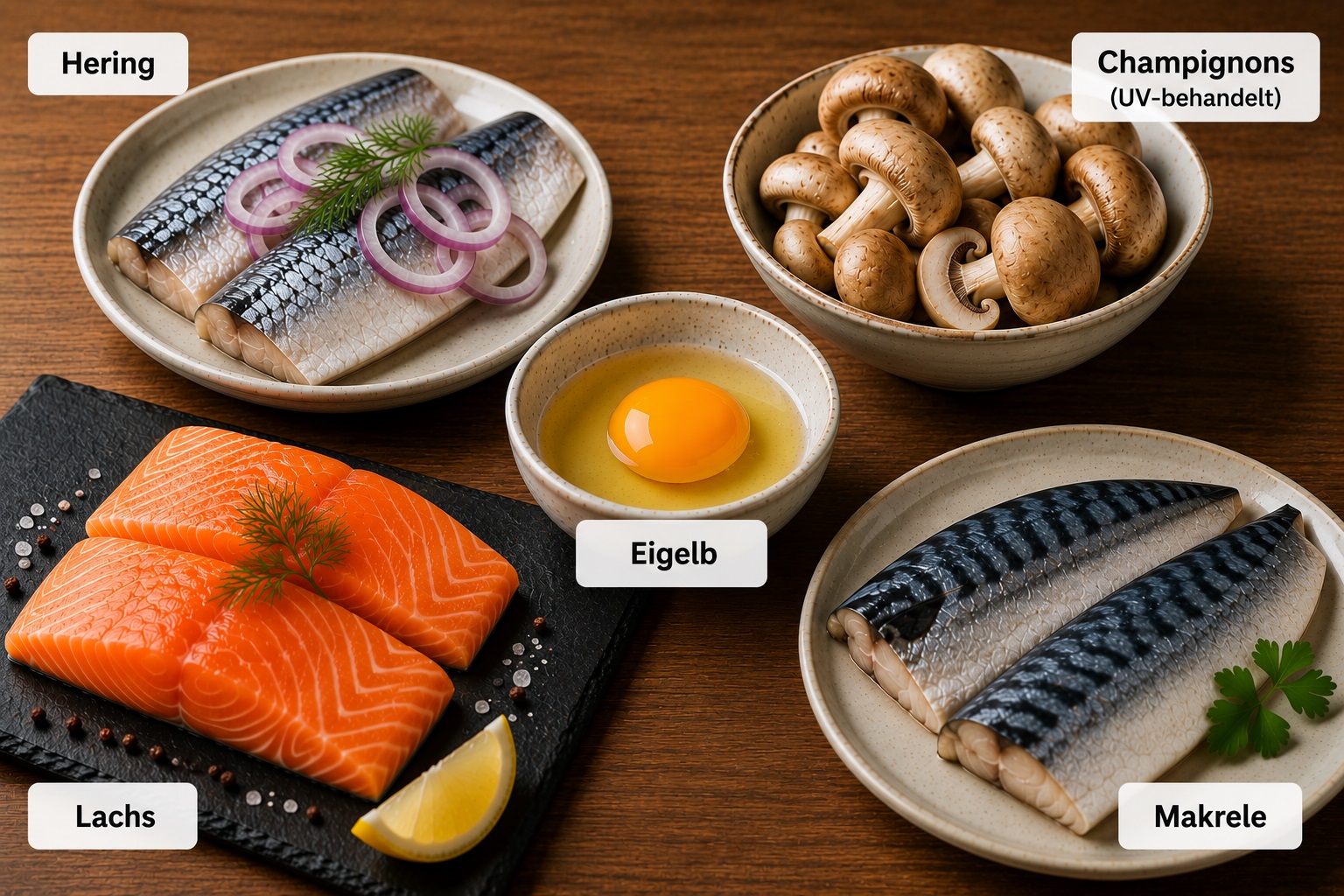 Abgebildet sind die Vitamin-D-reichen Lebensmittel Hering, Champignons, Eigelb, Lachs und Makrele.